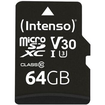 Intenso карта памяти MicroSDXC 3433490 64 ГБ, скорость чтения 100 МБ/с, скорость записи 45 МБ/с, UHS 3, V30, адаптер (3433490)
