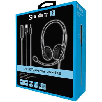 Sandberg 2in1 офисные наушники 126-21, 1,5м, 3,5мм, USB, 32Ω, 27мм, многосенсорный микрофон (126-21)