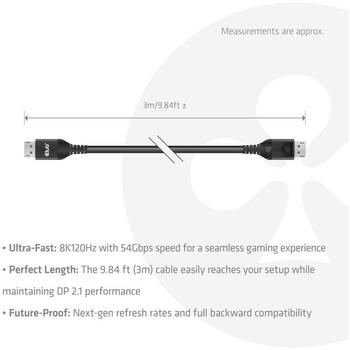 Club3D DisplayPort 2.1 CAC-1093 kabelis 3m, 54Gbps, 8K120Hz, 2160p/4320p, taisns kontakts, melns (CAC-1093)