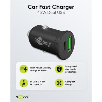 Goobay automašīnas strāvas adapteris, 61739, 45 W, 5/9/12/15/20 V, 2x USB, Power Delivery, Qualcomm Quick Charge (61739)