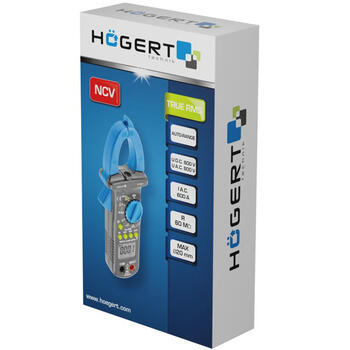 Hogert HT1E621 универсальный токоизмерительные клещи, 600В, 600А, 60МОм, TRUE RMS, NCV, DATA HOLD, ЖК-подсветка, фонарик, 3xAAA (HT1E621)