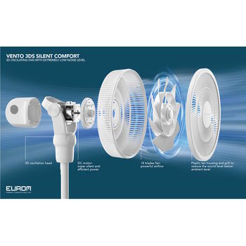 Eurom Vento 3DS Comfort grīdas ventilators gaisa cirkulācijai telpu dzesēšanai 25W 35cm 3D oscilācija 12 ātrumi tālvadība balts (384925)