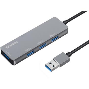 Sandberg USB хаб 333-67, 1xUSB 3.0, 3xUSB 2.0, 5000 Mbit/s, алюминий, серый, 4 порта (333-67)