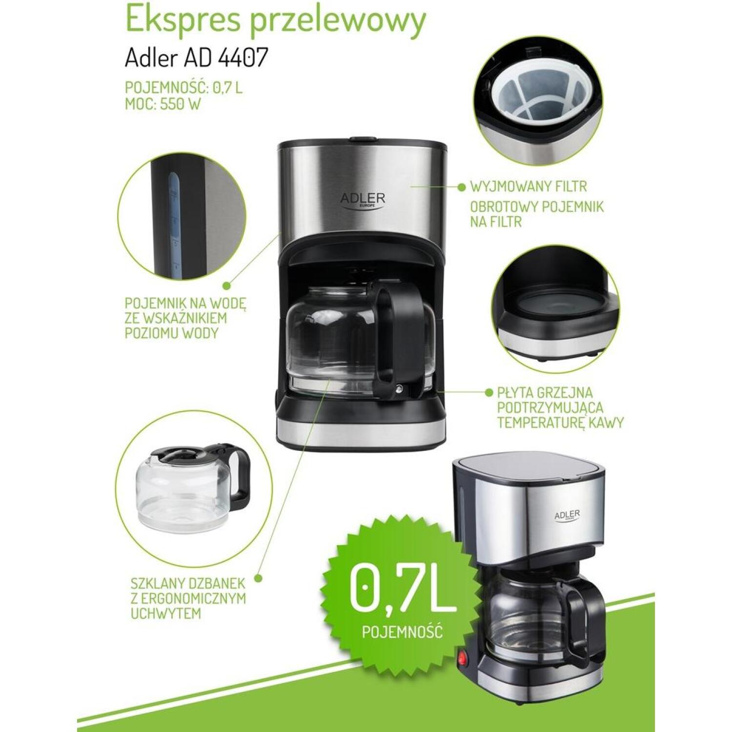 Adler Кофеварка AD 4407, 550 W, 0.7 L, Полуавтомат, Черный, Смываемый фильтр, Антикапельная функция (AD 4407)