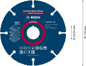 Cietmetāla disks 115 x 1 x 22,23 mm, Mazām leņķa slīpmašīnām EXPERT CARBIDE MULTI WHEEL GRIEZĒJDISKS, 2608901188 BOSCH (2608901188)