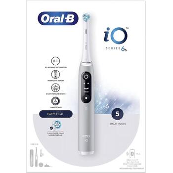 Oral-B elektriskā zobu birste iO6s Grey Opal 445258, 2 galviņas, 5 režīmi, pelēka, uzlādējama, litija jonu akumulators (iO6s Grey Opal)