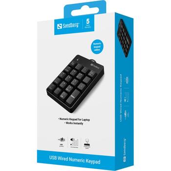 Sandberg 630-07 USB проводная цифровая клавиатура, 19 клавиш, мембранная, 1,5 м, черная, LED, Windows/Mac (630-07)