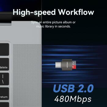 Vention karšu lasītājs CLMH0, USB 2.0 Type-C, 1 slots, 512GB, 480 Mbit/s, pelēks, bez draiveriem, saderīgs ar MacOS, Android, iOS (CLMH0)