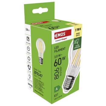 Emos LED лампочка FILAMENT A60 ZF5147, 3,8 Вт, 806 лм, 230 В, 50 000 часов, E27, теплый белый, 360°, 4 чипа (ZF5147)
