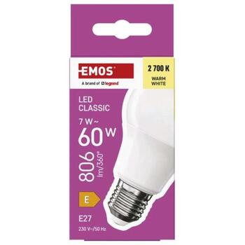 Emos LED лампочка Classic A60 ZQ5E41, 7 W, 806 lm, 220-240 V~, 50/60 Гц, 30 000 часов, E27, теплый белый (ZQ5E41)