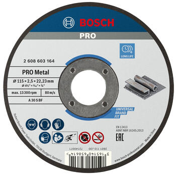 Griešanas disks metālam 115 x 22,23 x 2,5 mm, Mazām leņķa slīpmašīnām PRO METAL GRIEZĒJDISKS, 2608603164, BOSCH (2608603164)