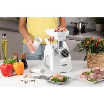 Zelmer ZMM9802B мясорубка, 70504991P, 2200 Вт, 3 кг/мин, 3 решетки, реверс, насадка для колбас, белый (70504991P)