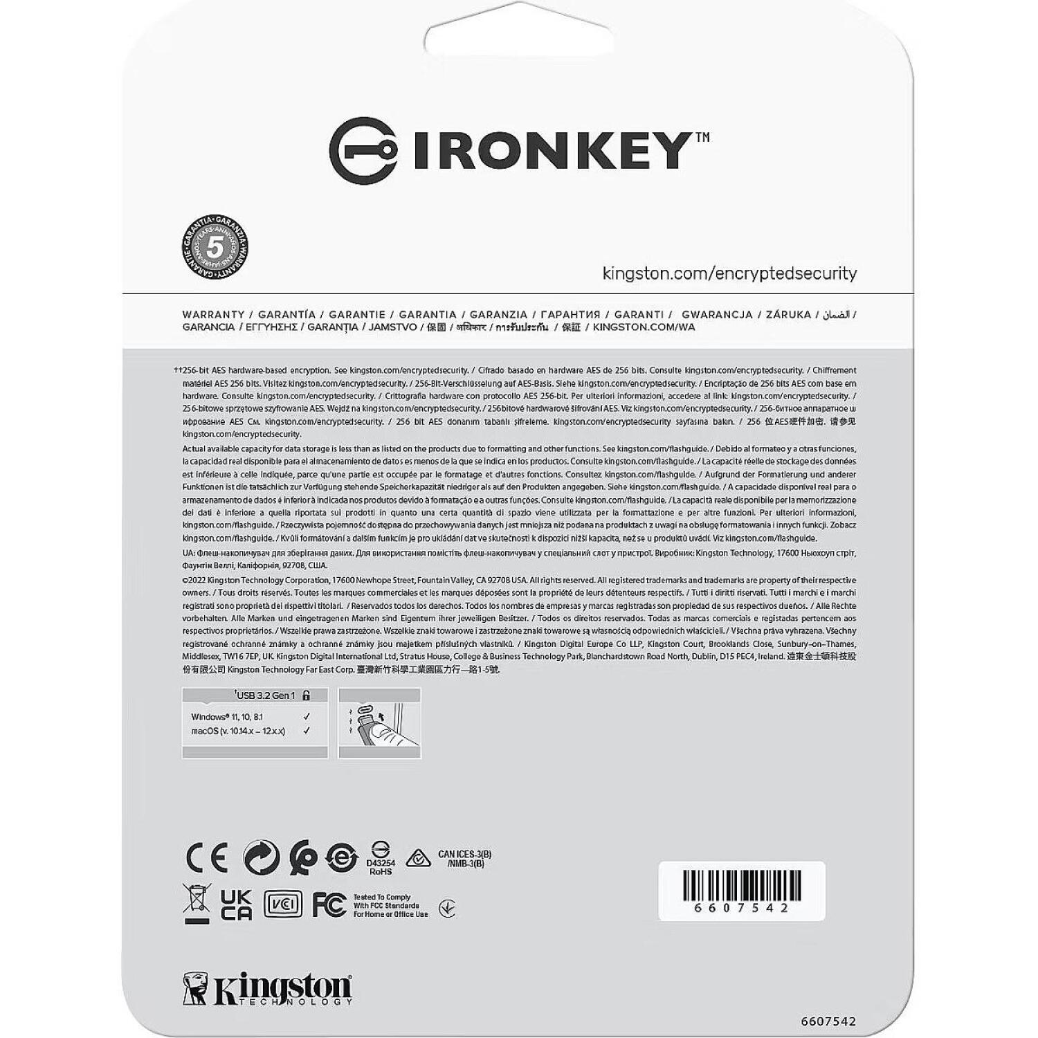 Kingston USB флеш-накопитель IKVP50C/64GB, 64GB, USB Type-C, 3.2 Gen 1, 250MB/s, 180MB/s, AES-256-XTS, FIPS 197, IPX8 (IKVP50C/64GB)