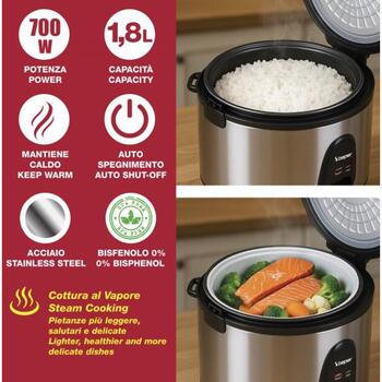 Beper Пароварка для риса P101VAP020, 1.8л, 700Вт, нержавеющая сталь/черный, съемный шнур, паровая подставка (P101VAP020)