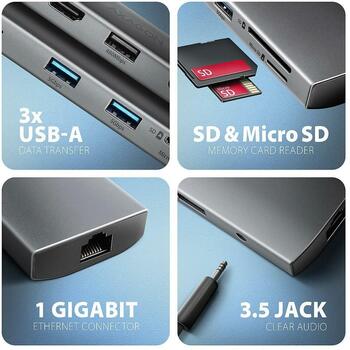 Axagon док-станция HMC-8HLSA 9в1 5Гбит/с, 3x USB 5Гбит/с, 1x USB 480Мбит/с, 1x HDMI, 1x RJ45, 1x аудио, 1x SD, 1x microSD (HMC-8HLSA)
