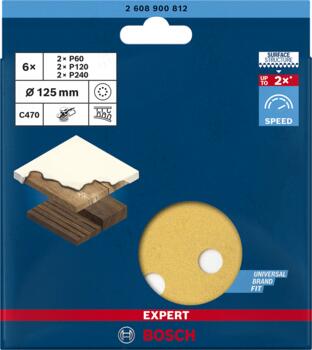 C470 smilšpapīrs 125 mm Kompl. 2x G60,120,240, Ekscentra slīpmašīnām, ekscentra slīpmašīnām ar putekļu maisu EXPERT C470 SLĪPDISKU KOMPLEKTS, 2608900812, BOSCH (2608900812)