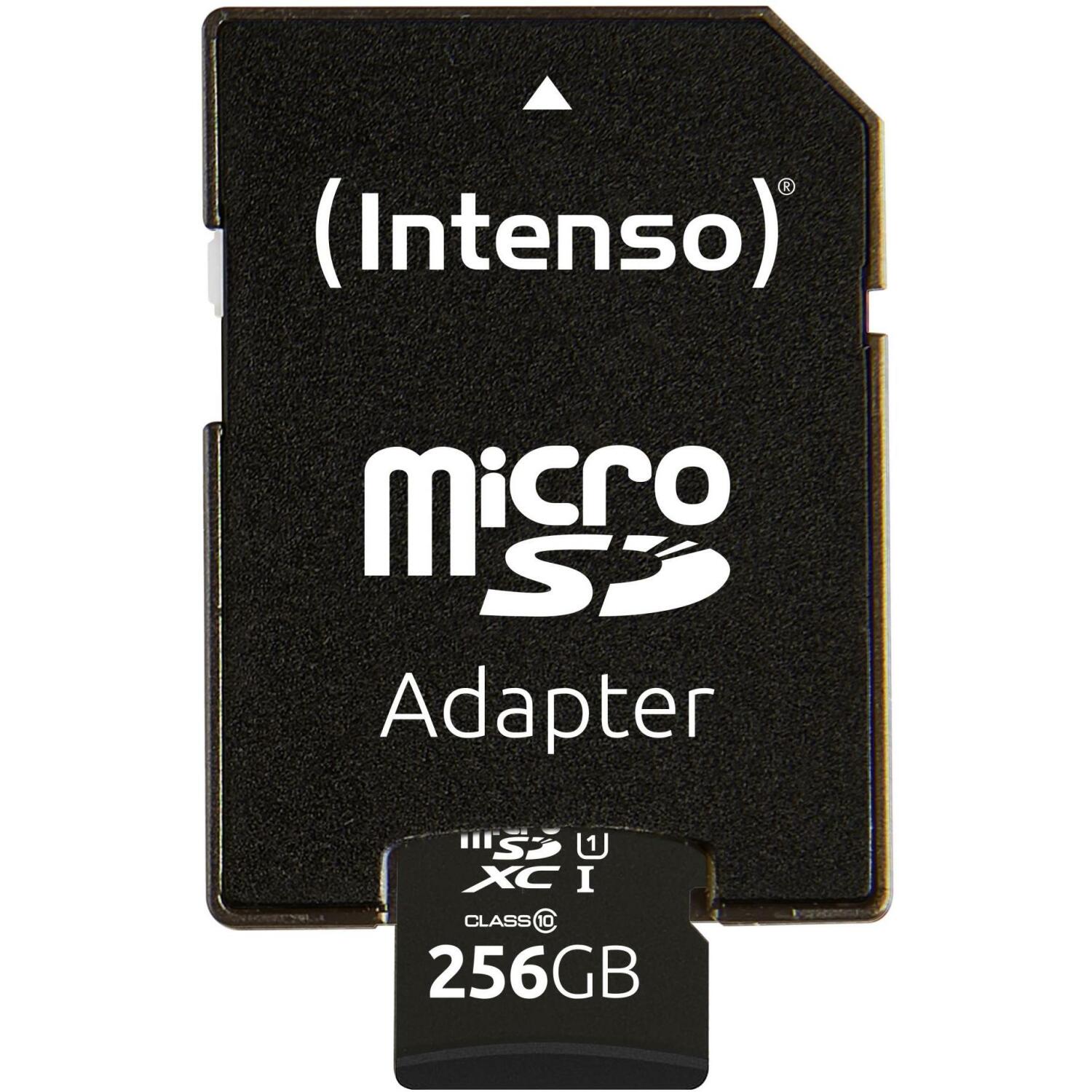 Intenso карта памяти MicroSDXC 3423492 256 ГБ, UHS-I, скорость чтения 90 МБ/с, класс 10, U1, адаптер в комплекте (3423492)