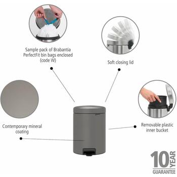 Brabantia NewIcon 126284 педальное ведро, 5л, нержавеющая сталь, непроницаемое для запаха, нескользящее основание (126284)
