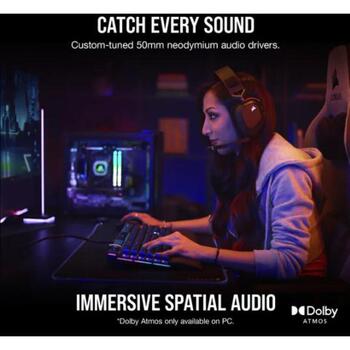 Corsair spēļu austiņas HS80 RGB CA-9011235-EU, 50 mm, 32 Ohm, 20-40000 Hz, 2.4 GHz, 20 h, Dolby Atmos, RGB, mikrofons (CA-9011235-EU)