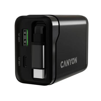 Kompakts sienas lādētājs ar integrētu USB C kabeli 65 W kopējo jaudu 1×PD un 1×QC ātrās uzlādes portu OnCharge 65RC Build In Cable EU Melns CNS-CURC65ACB CANYON (CNS-CURC65ACB)