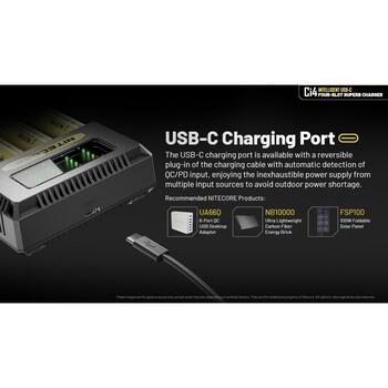Nitecore Lādētājs CI4 4-slot, USB-C, 3000mA, Li-ion, Ni-MH, Ni-Cd, Uzlādes indikators, Drošības funkcijas (CI4)
