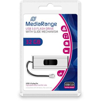 Mediarange MR916 USB-флешка, 32ГБ, USB 3.2 Gen 1, 70МБ/с чтение, 20МБ/с запись, выдвижной корпус, черный/серебристый (MR916)