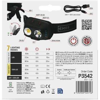 Emos COB LED Перезаряжаемый Налобный Фонарь P3542, 500lm, 130m, Li-pol 1200mAh, 7 режимов, IP44, USB-C (P3542)