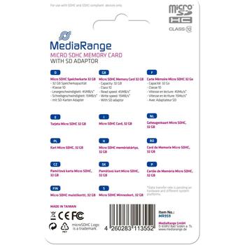 Mediarange micro SDHC 32GB MR959, 32GB, klases 10, lasīšanas ātrums 45 MB/s, rakstīšanas ātrums 15 MB/s (MR959)