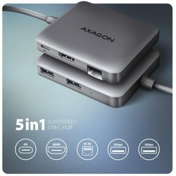 Axagon USB centrmezgls HMC-5HL 5in1 5Gbps, 2x USB 5Gbps, 1x HDMI, 1x RJ-45, 0.2m strāvas kabelis (HMC-5HL)
