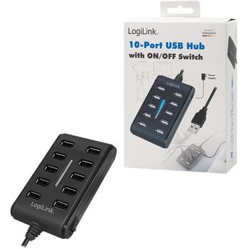 LogiLink USB концентратор UA0125, 10x USB 2.0, 480 Мбит/с, 5В 3.5А, черный, кнопка вкл выкл, защита от перегрузки (UA0125)