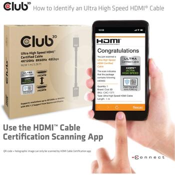 Club3D HDMI кабель на HDMI 1м CAC-1371, 48 Гбит/с, 10K 120Hz, 2.1, черный, прямой разъем, позолота (CAC-1371)