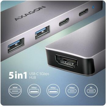Axagon USB centrmezgls HMC-5H60 5in1, 2x USB 5Gbps, 1x USB-C 5Gbps, 1x HDMI, 100W PD, 0.15m kabelis (HMC-5H60)