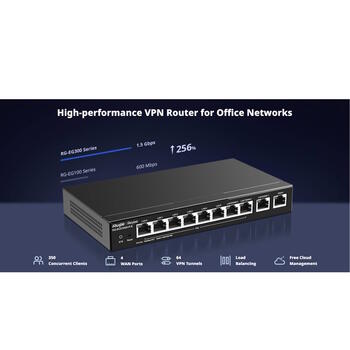 Ruijie Все-в-одном Шлюз Маршрутизатор RG-EG310GH-P-E, 1.5Gbps, 350 пользователей, 8 PoE, 4 WAN, 64 VPN, Черный (RG-EG310GH-P-E)