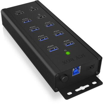 Raidsonic USB centrmezgls IB-HUB1703-QC3, 7x USB 3.0, AC 120/230 V, melns, QC 3.0 uzlāde, sienas stiprinājums (IB-HUB1703-QC3)