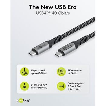 Goobay USB-C кабель 74213, 1.8 м, 240 Вт, 40 Гбит/с, 8K60Hz, 4K60Hz, HDR10, USB4, EPR, 5 А, круглый (74213)