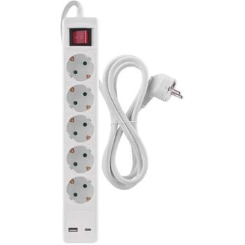 Emos Удлинитель P1523CU, 3м, 5× 2P + PE, 3680W, с выключателем, белый, 1× USB-A, 1× USB-C (P1523CU)