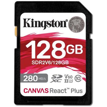 Kingston Карта SDR2V6/128GB, 128 ГБ, SDXC, UHS-II, 280 МБ/с, 100 МБ/с, U3, V60, черный (SDR2V6/128GB)