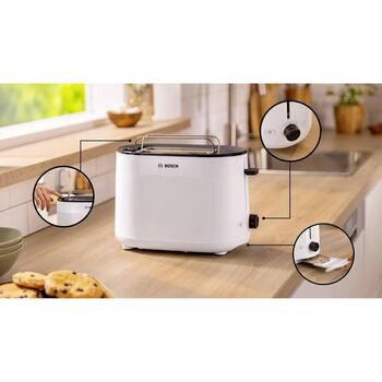 Bosch Tosteris TAT2M121, 950 W, 2, balta, plastmasa, atkausēšana, augstais pacēlums, automātiskā izslēgšanās (TAT2M121)