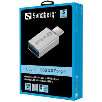 Sandberg USB-C к USB 3.0 Dongle 136-24, 1xUSB-C, 1xUSB 3.0, серый цвет, совместим с USB 3.1 Gen. 1 (136-24)