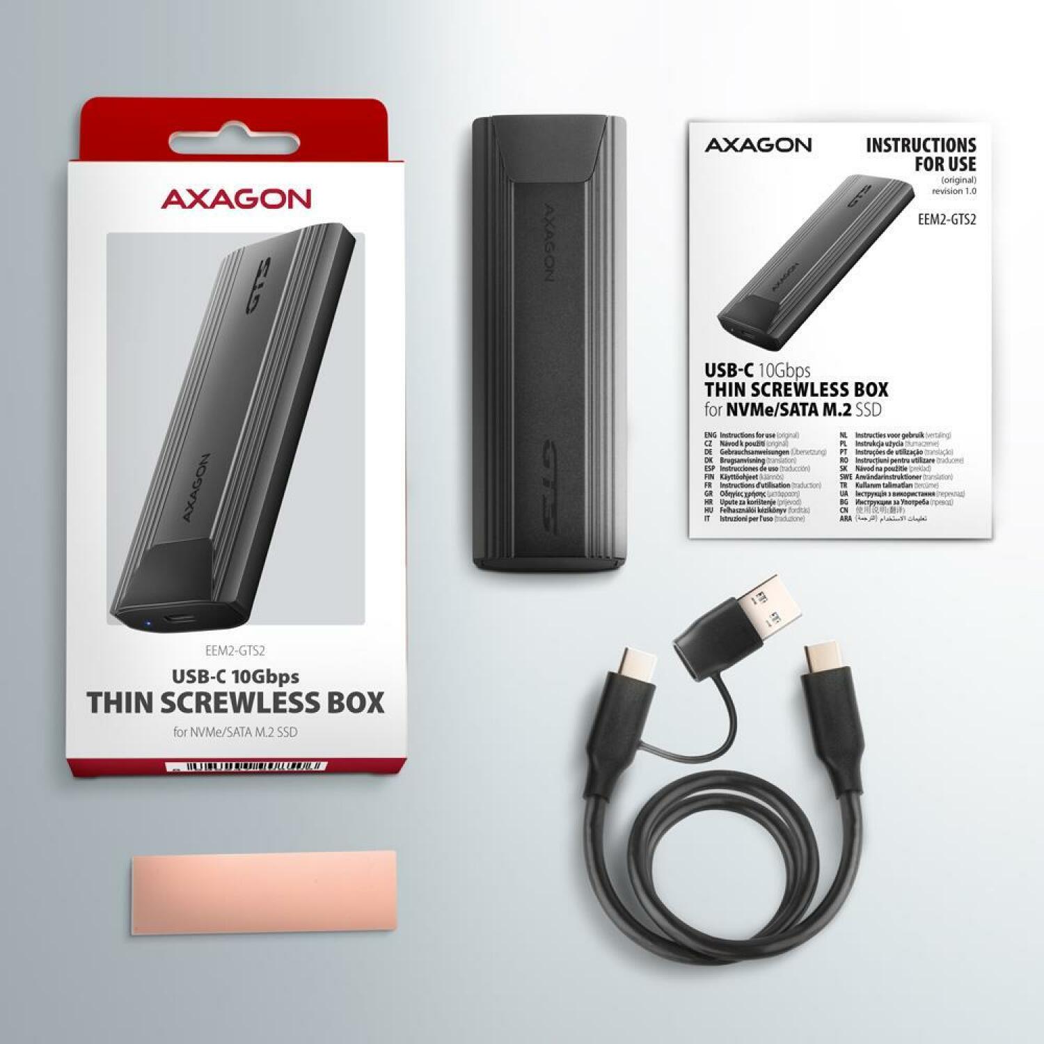 Axagon SSD корпус EEM2-GTS2 USB-C 10Gbps, M.2 NVMe/SATA, 112 x 40 x 14 мм, 0.5 м кабель, 1 термопроводящий коврик (EEM2-GTS2)