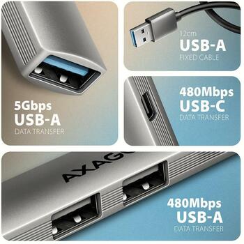 Axagon USB centrmezgls HUE-STA 4 porti, 1× USB-C 480Mbps, 3× USB-A 5Gbps, kabelis 12 cm (HUE-STA)