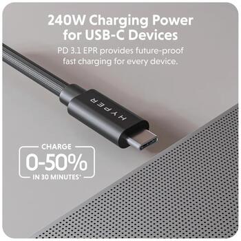 Hyper HyperDrive Next USB4 Type-C veiktspējas kabelis HD6500BKGL, 1.2 m, 240 W, 40 Gbps, 8K atbalsts, PD 3.1 (HD6500BKGL)