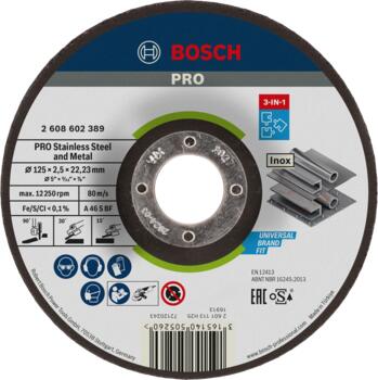 Griešanas & slīpēš. disks 125x22,2x2,5 mm, Mazām leņķa slīpmašīnām PRO STAINLESS STEEL AND METAL 3-IN-1 DISKS AR SAISTVIELĀM, 2608602389, BOSCH (2608602389)