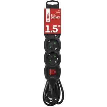 Emos Удлинитель PC1421R, 1,5м, 4x2P+PE, 3680W, PVC, с выключателем, черный, защита от детей (PC1421R)