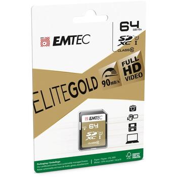 Emtec Карта памяти ECMSD64GXC10GP, 64GB, 90MB/s, 20MB/s, UHS-I U1, золотая (ECMSD64GXC10GP)