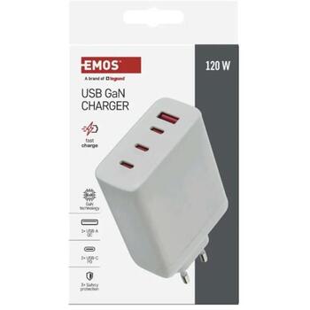 Emos Универсальное USB настенное зарядное устройство GaN V06G120, 120 Вт, 4xUSB, 100–240 В~ 50/60 Гц, быстрая зарядка, защита (V06G120)