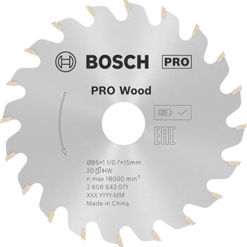 Ripzāģa disks 85x15x1.1/0.7mm, Rokas ripzāģiem PRO WOOD RIPZĀĢA ASMENS, 2608643071, BOSCH (2608643071)