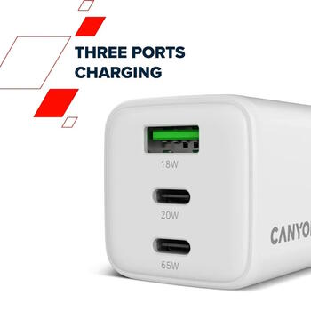 Kompakts sienas lādētājs ar GaN tehnoloģiju 65 W kopējo jaudu 2×PD un 1×QC ātrās uzlādes portiem CU65ACC EU Balts CNS-CUW65ACC CANYON (CNS-CUW65ACC)