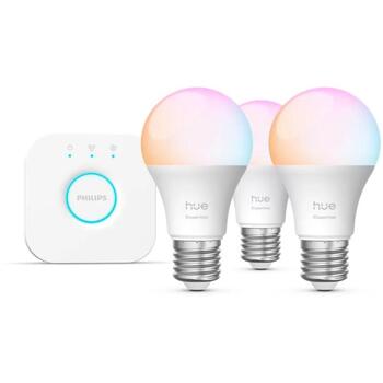 Philips Hue умный осветительный комплект 8721103103673, 3x8Вт, E27, 806лм, 2200-6500K, 16М цветов, Bluetooth/Zigbee, Hue мост (8721103103673)