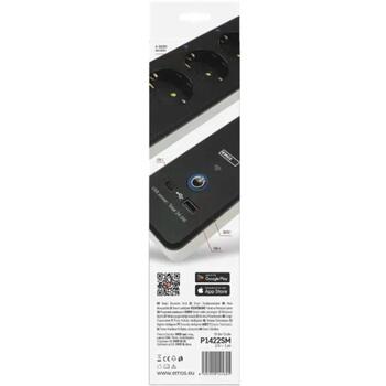 Emos удлинитель P1422SM, 2м, 4 розетки, с выключателем, 1x USB-A, 1x USB-C, 3680W, PVH, защита от детей (P1422SM)